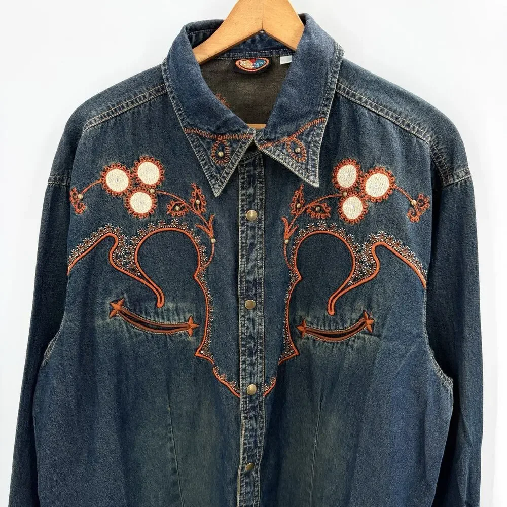 Vintage Martini Ranch Embroidered Studded Rodeo Western Shirt Womens XL